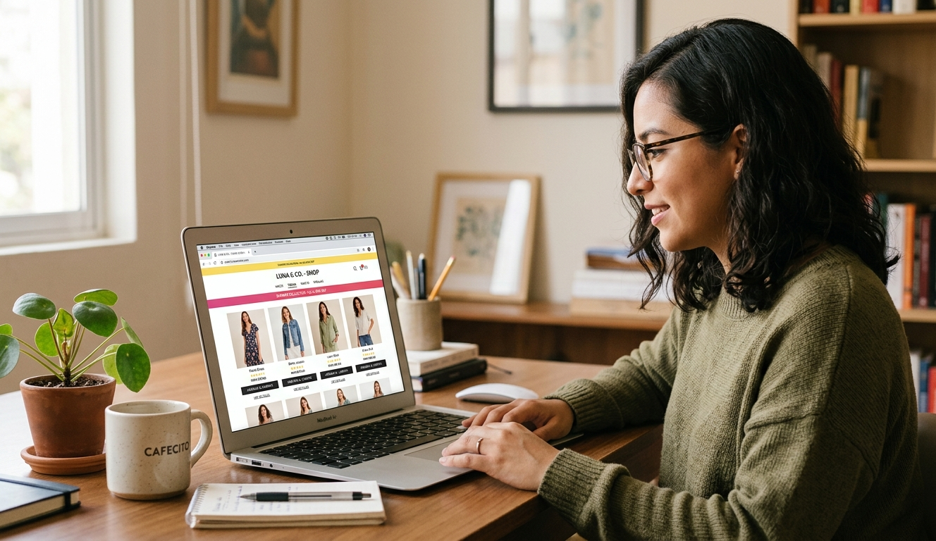 mujer emprendedora usando una pagina web con tienda integrada desarrolada por mhaya web