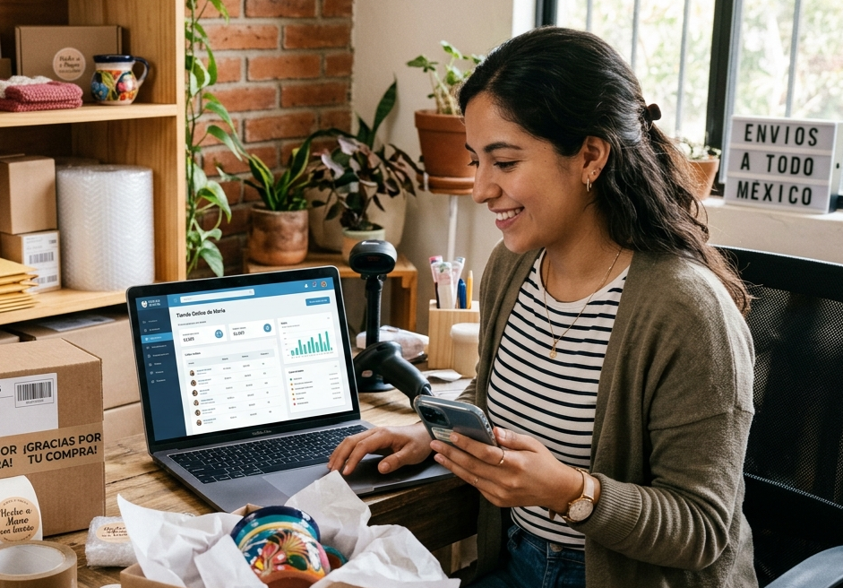 mujer emprendedora realizando envio de sus pedidos hechos por su tienda en linea 