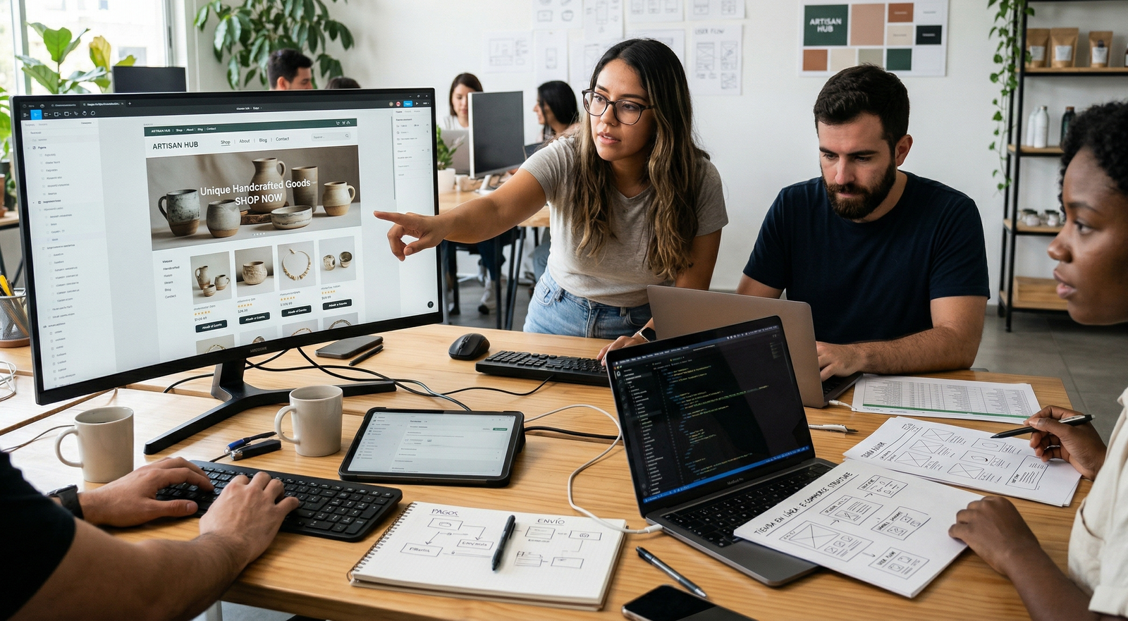 grupo de personas coordinando el contenido de una tienda en linea