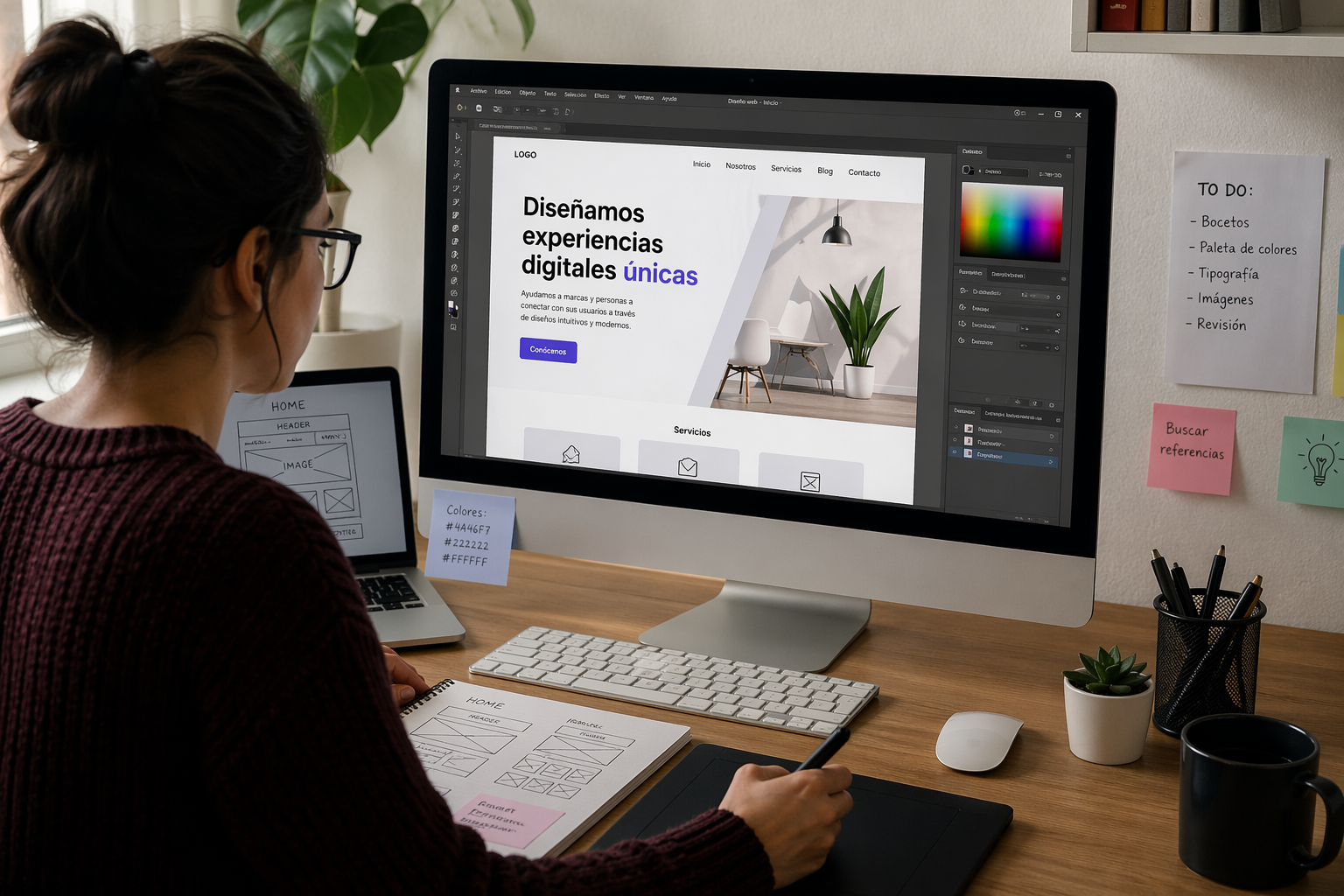 mujer realizando el diseño de una pagina web
